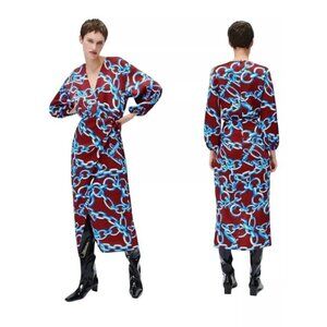 Zara Chain Print V-neck Midi Dress Size S Multicolored Spring Vacation New